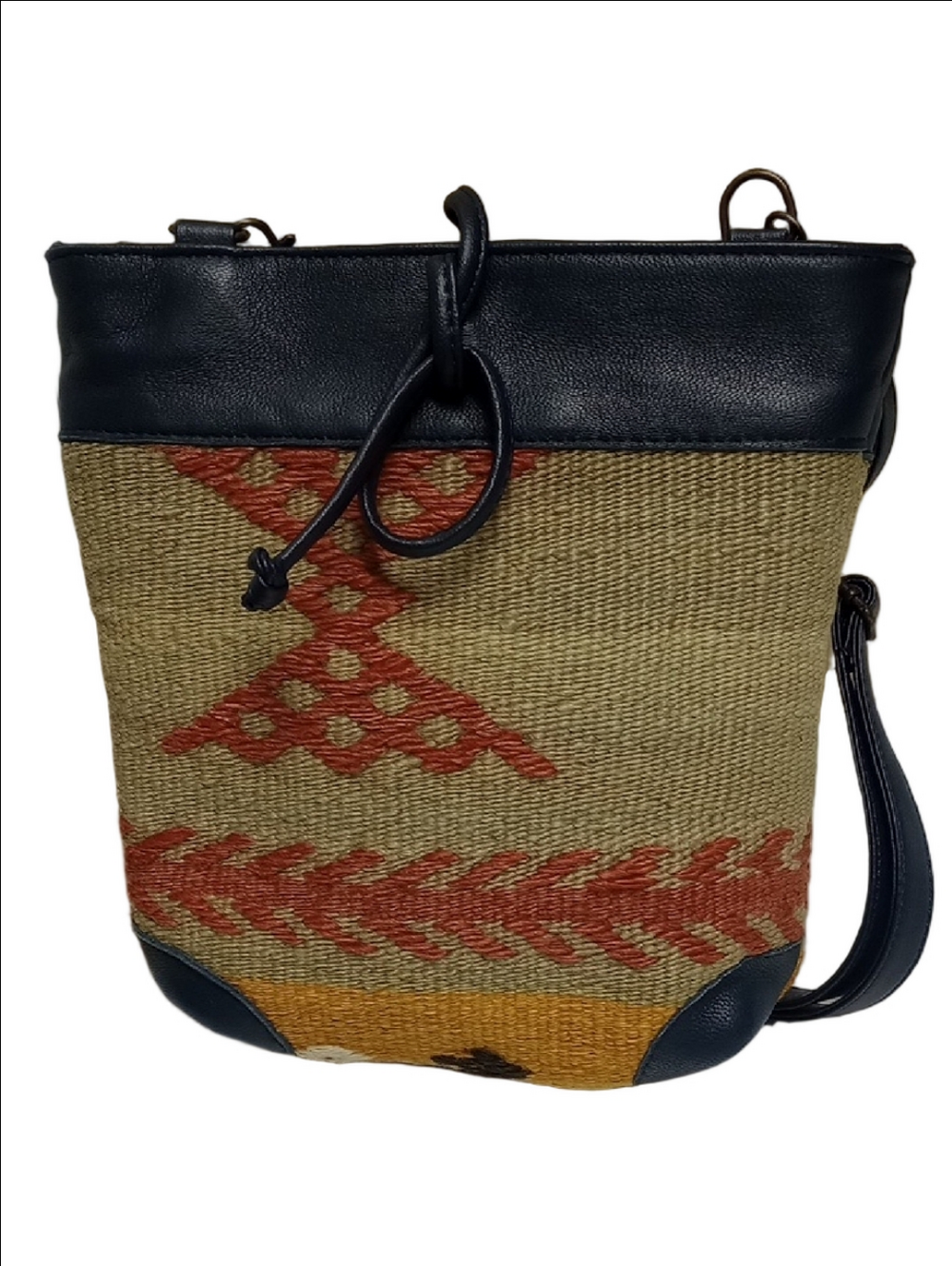 THE LOOM ALASKA WOOL ARTISIAN WOVEN CROSSBODY BAG WITH NAVY BLUE LEATHER TRIM